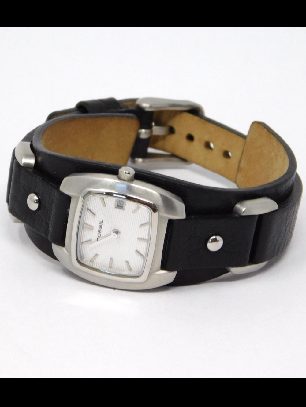 Fossil Women's Watch JR8930 Silver Textured Dial Black Leather Band 25mm Buckle